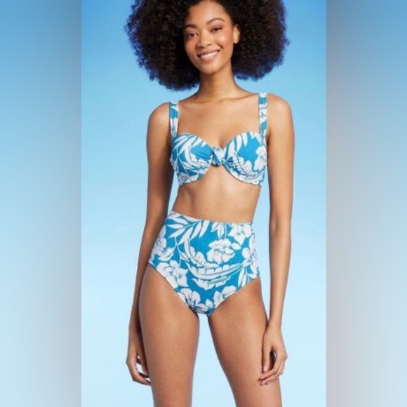 New Women's High Waist Medium Coverage Bikini Bottom Shade & Shore Blue Flor… - Picture 1 of 5